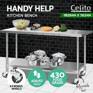 Cefito 430 Commercial Stainless Steel Kitchen Bench  1829 x 762mm  with 4pcs Castor Wheels