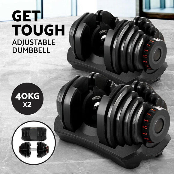 2x40KG Adjustable Dumbbells Dumbbell Set Rubber Weight Plates-80kg