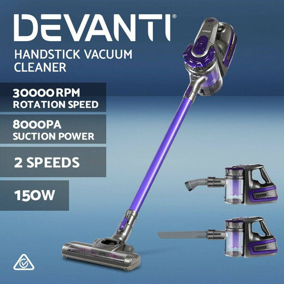 Devanti 150W Stick Handstick Handheld Cordless Vacuum Cleaner 2-Speed with Headlight Purple