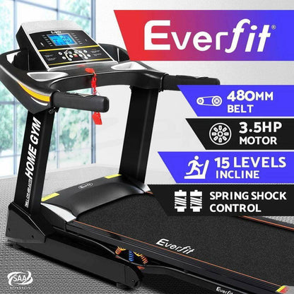 An Everfit electric treadmill with a black frame and running belt, featuring a digital LCD display, soft-grip handlebar with pulse sensors, and spring shock absorption system.