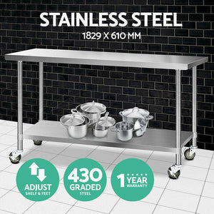 Cefito 430 Stainless Steel Kitchen Benches Work Bench Food Prep Table with Wheels 1829MM x 610MM