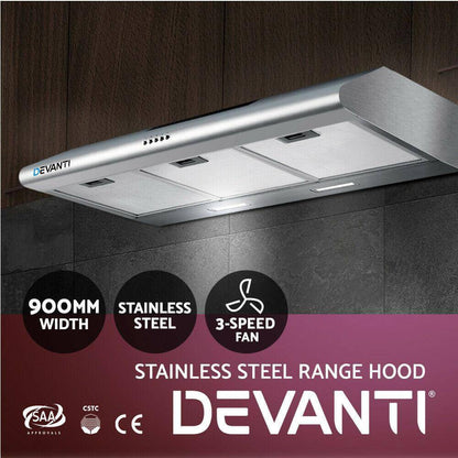 DEVANTI Fixed Range Hood Rangehood Stainless Steel Kitchen Canopy 90cm 900mm