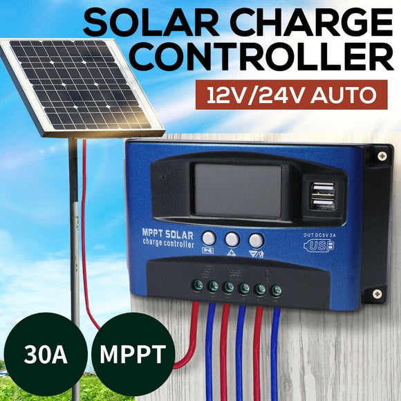 30A Solar Panel Charge Controller 12V 24V Regulator Auto Dual USB Mppt Battery