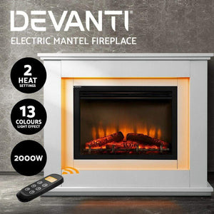 Electric Fireplace Heater Mantle Portable Fire Log Wood Heater 3D Flame White-Devanti 2000W