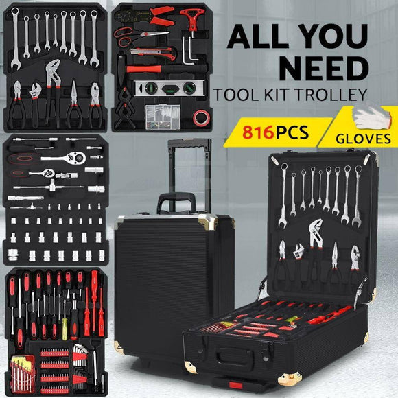 816pcs Tool Kit Trolley Case Mechanics Box Toolbox Portable DIY Set BK