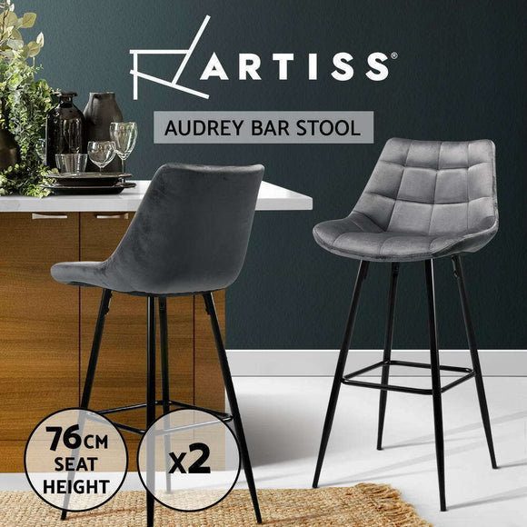 Artiss 2x Kitchen Bar Stools Velvet Bar Stool Counter Chairs Metal Barstools Grey
