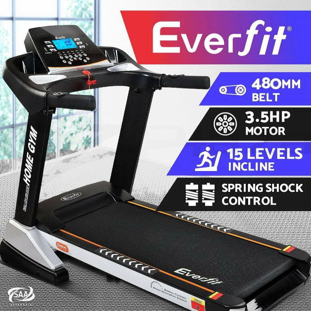 An Everfit electric treadmill with a black frame and running belt, featuring a digital control panel, safety key, and spring shock absorption system, marketed as having a 480mm belt and 15 levels of incline.