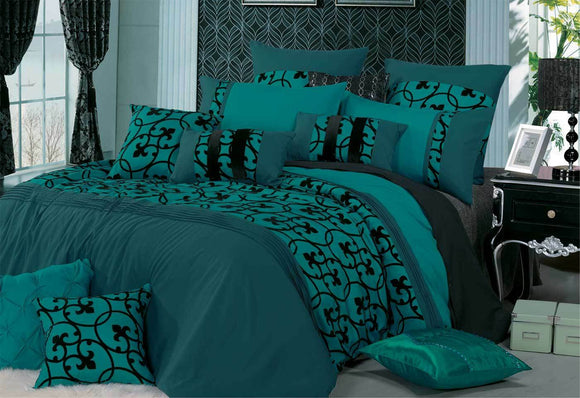 Luxton Queen Size  Lyde Teal Black Flocking Quilt Cover Set(3PCS)